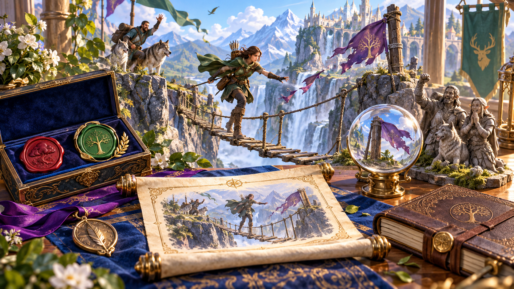 Illustration of a bridge crossing witnesses a wolf symbolic tokens glass scene and illustrated scroll