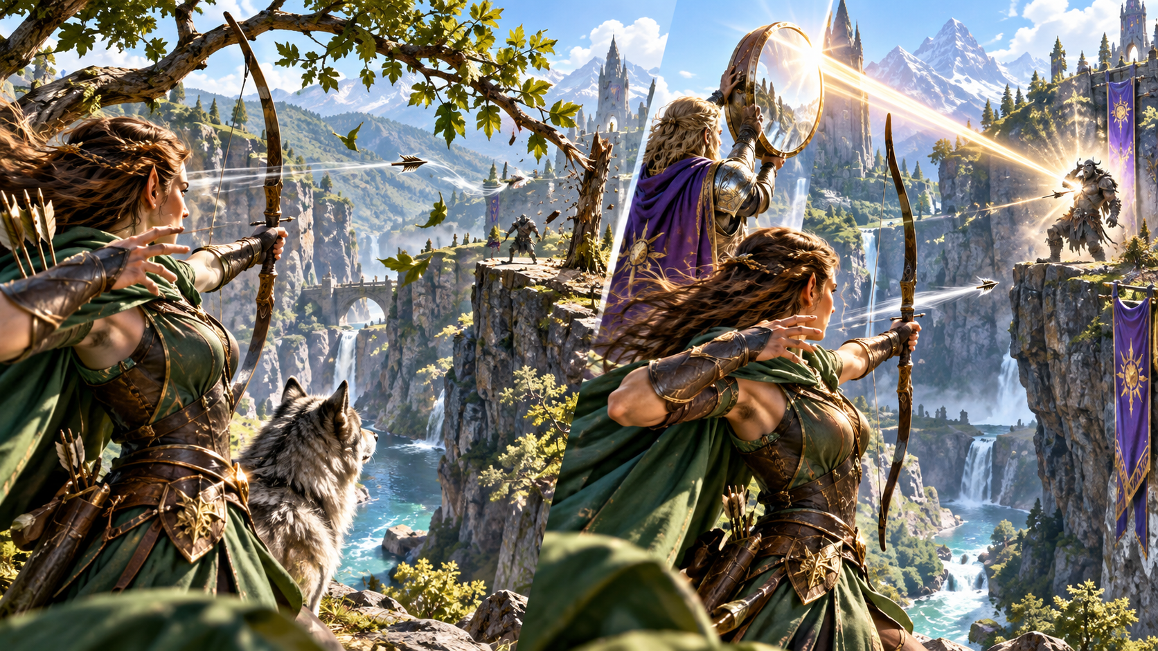 Illustration contrasting an archer among leaves with a companion reflecting sunlight across a gorge