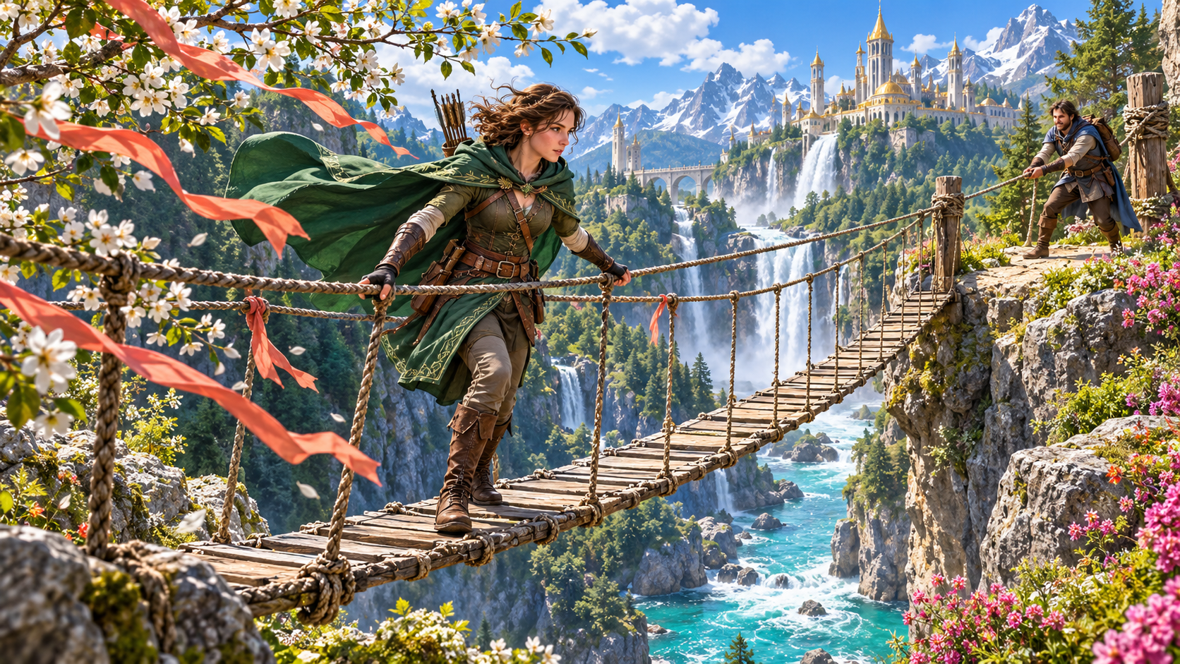 Illustration of an archer crossing a rope bridge above a gorge toward a companion