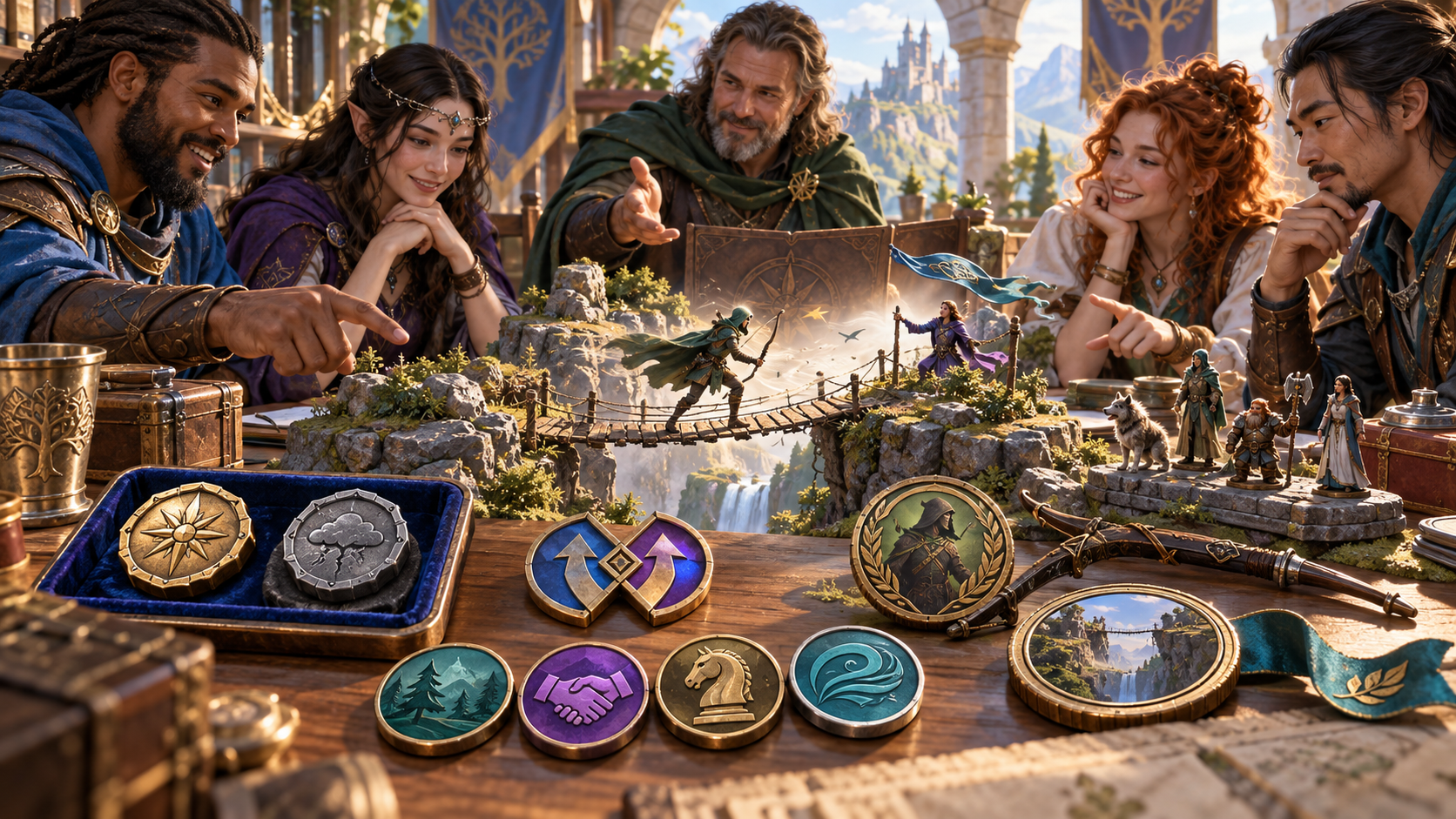 Illustration of companions around a miniature rope bridge with scene tokens a bow and banners